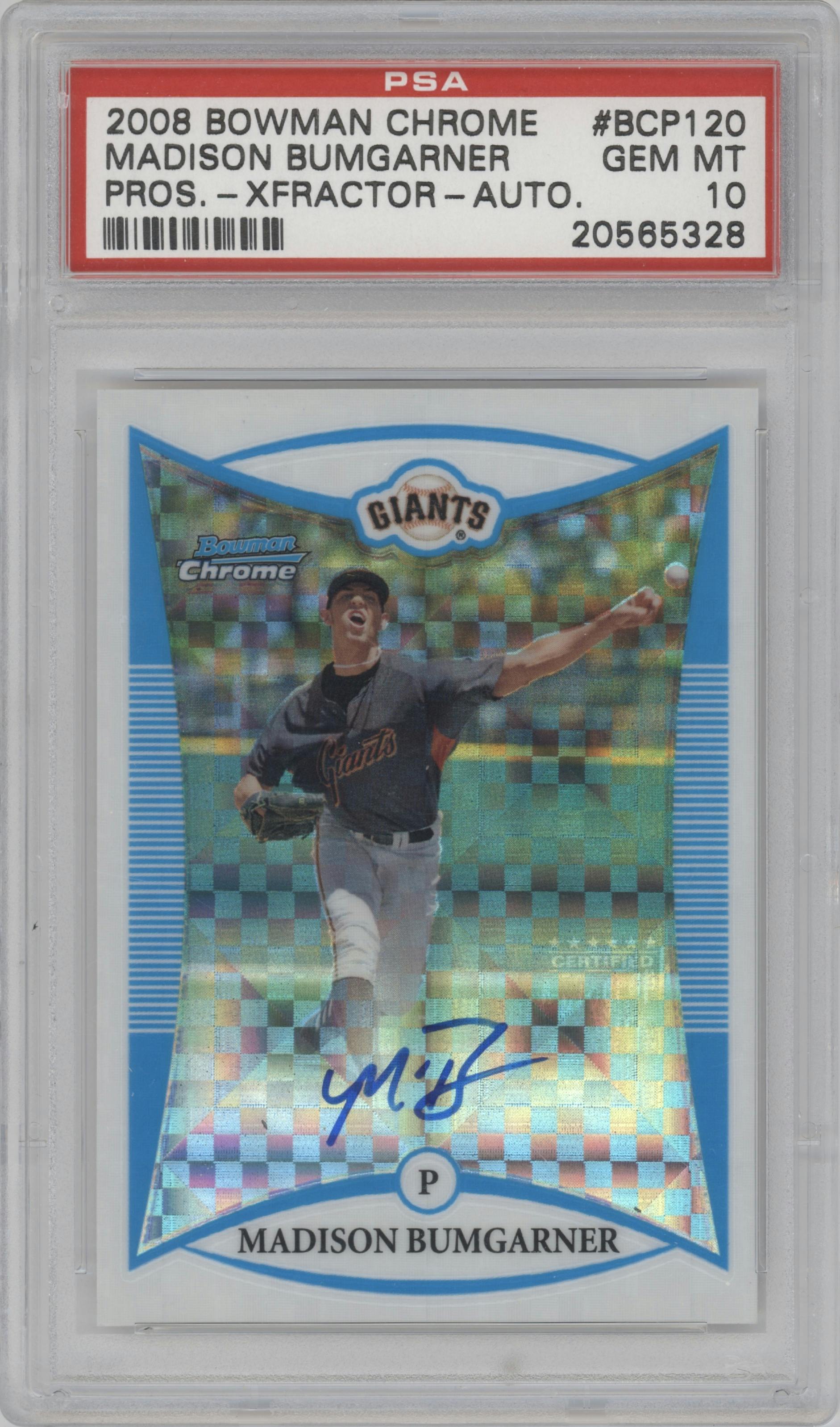 Madison Bumgarner from the 2008 Bowman set featuring a X-Fractor parallel graded by PSA and given an overall grade of 10.