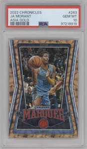Ja Morant from the 2022-23 Panini Chronicles  set featuring a Asia Gold parallel graded by PSA and given an overall grade of 10.