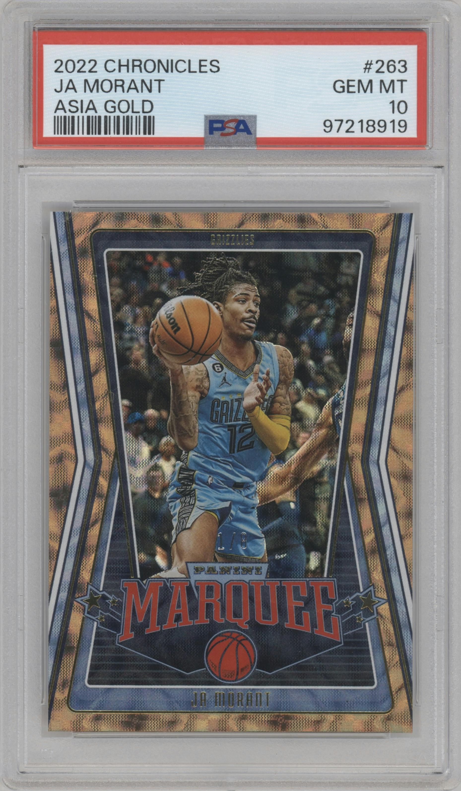 Ja Morant from the 2022-23 Panini Chronicles  set featuring a Asia Gold parallel graded by PSA and given an overall grade of 10.