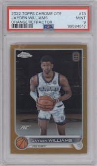 Jayden Williams from the 2022-23 Topps Chrome Overtime Elite set featuring a Orange Refractor parallel graded by PSA and given an overall grade of 9.