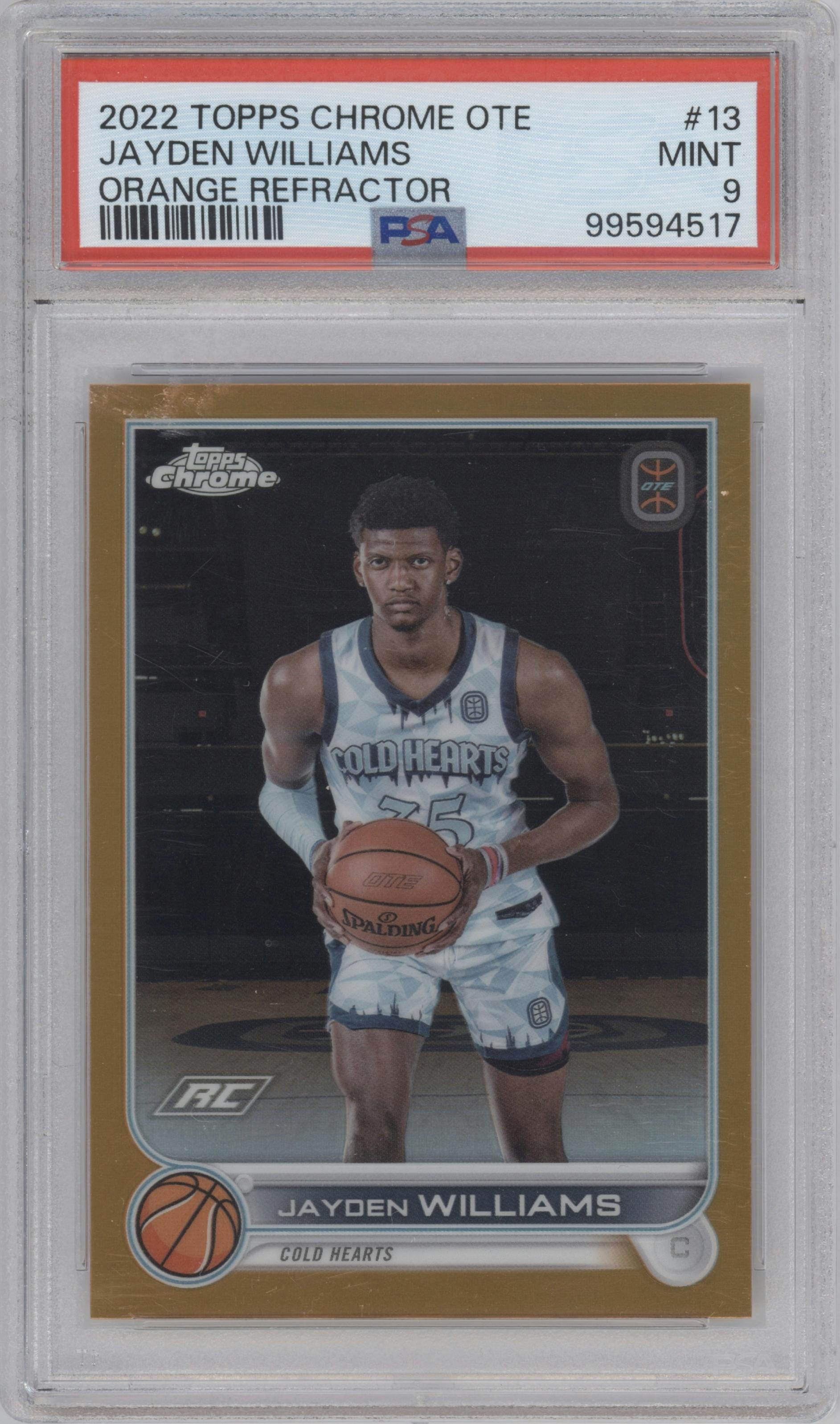 Jayden Williams from the 2022-23 Topps Chrome Overtime Elite set featuring a Orange Refractor parallel graded by PSA and given an overall grade of 9.