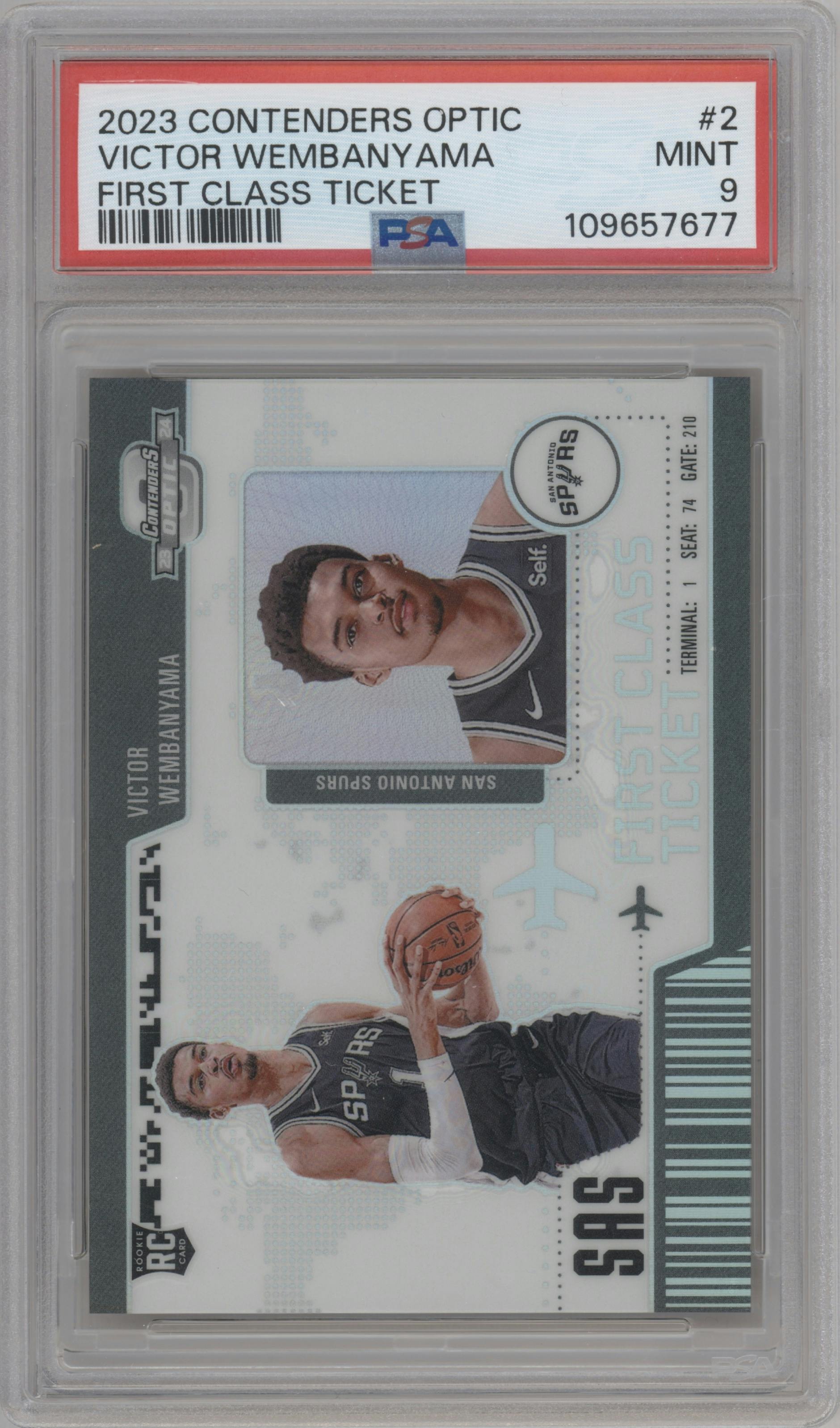 Victor Wembanyama from the 2023-24 Panini Contenders Optic set graded by PSA and given an overall grade of 9.