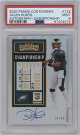 Jalen Hurts from the 2020 Panini Contenders set featuring a Championship parallel graded by PSA and given an overall grade of 9.