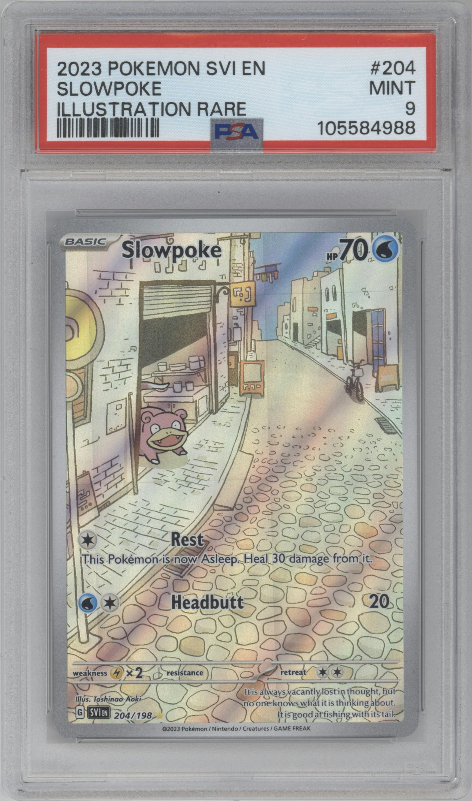 Slowpoke from the 2023 Pokemon SV set graded by PSA and given an overall grade of 9.