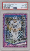 Jared Goff from the 2023 Donruss Optic set featuring a Pink Velocity parallel graded by PSA and given an overall grade of 10.