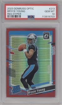 Bryce Young from the 2023 Donruss Optic set featuring a Hyper Red parallel graded by PSA and given an overall grade of 10.