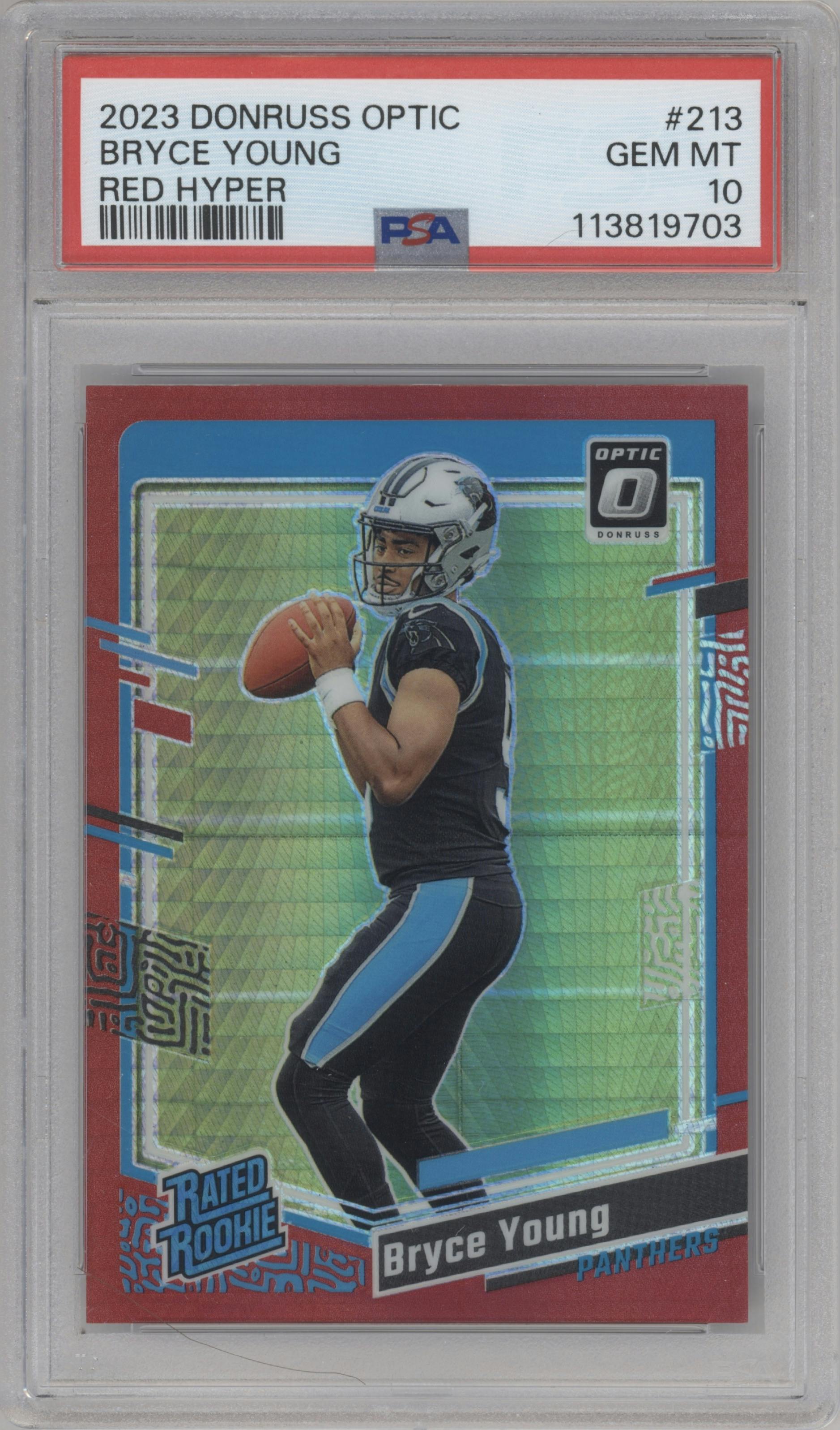 Bryce Young from the 2023 Donruss Optic set featuring a Hyper Red parallel graded by PSA and given an overall grade of 10.