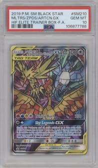 Moltres/Zapdos/Articuno GX from the 2019 Pokemon S&M  set featuring a Hidden Fates Elite Trainer Box parallel graded by PSA and given an overall grade of 10.