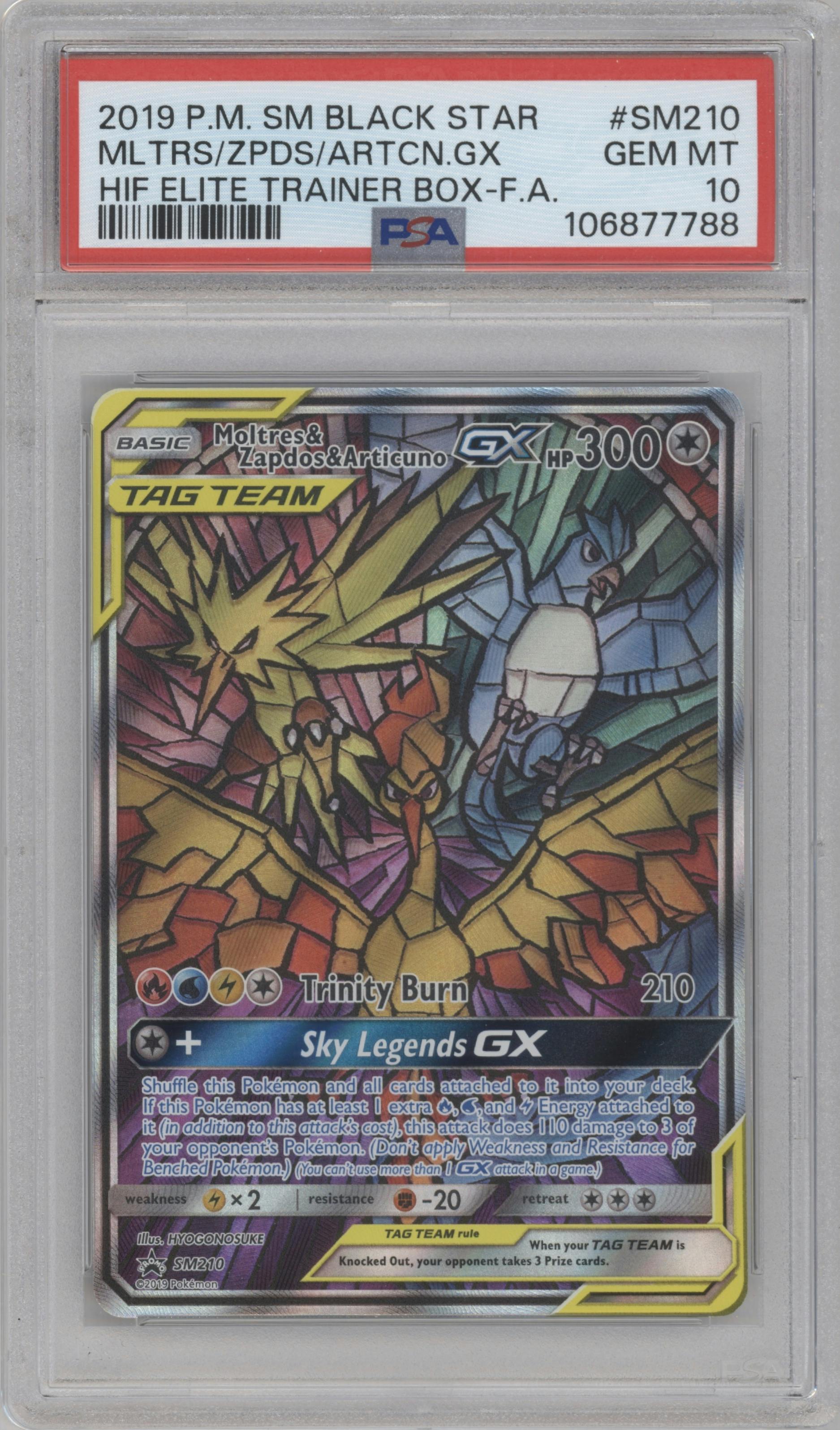 Moltres/Zapdos/Articuno GX from the 2019 Pokemon S&M  set featuring a Hidden Fates Elite Trainer Box parallel graded by PSA and given an overall grade of 10.