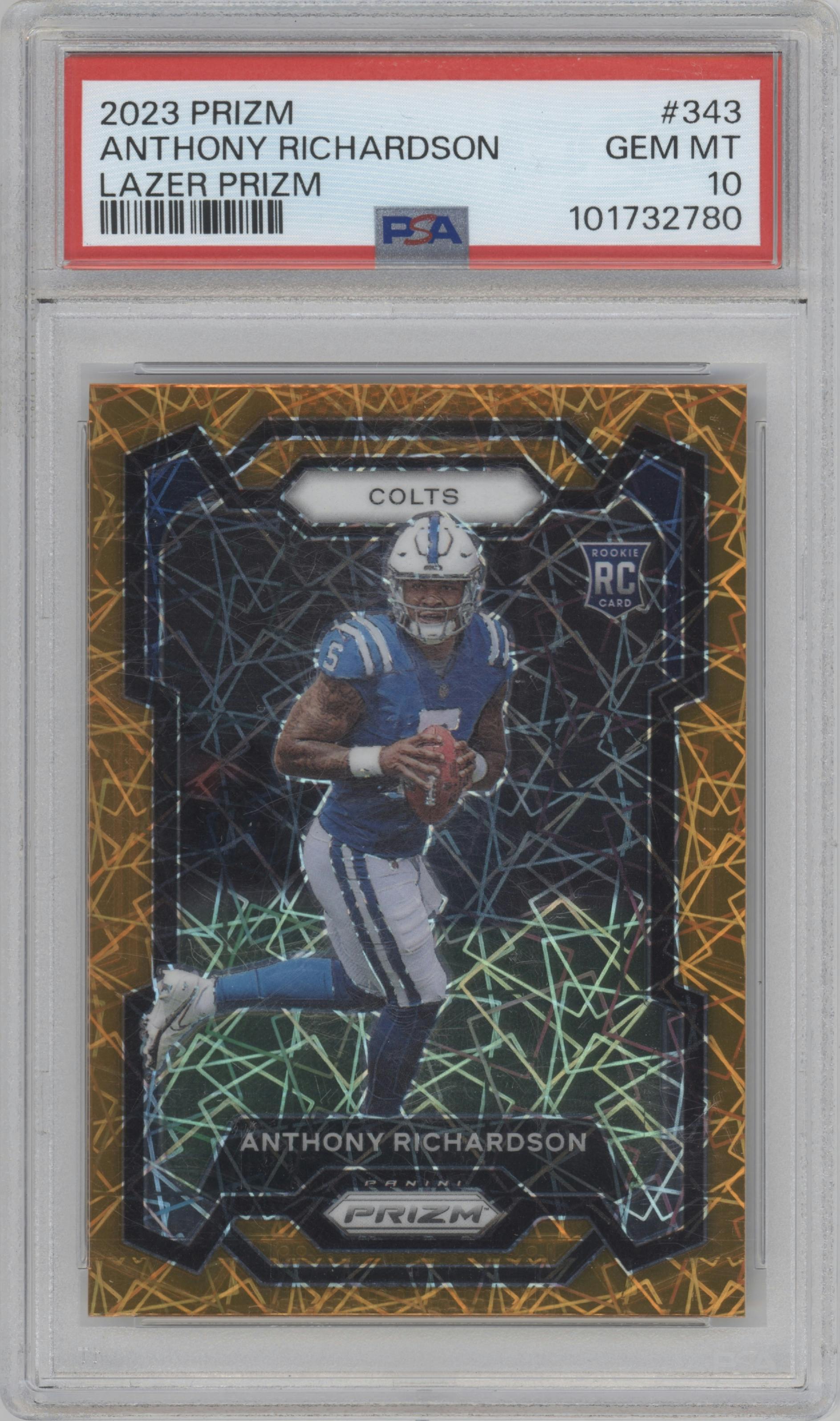 Anthony Richardson from the 2023 Panini Prizm set featuring a Lazer parallel graded by PSA and given an overall grade of 10.