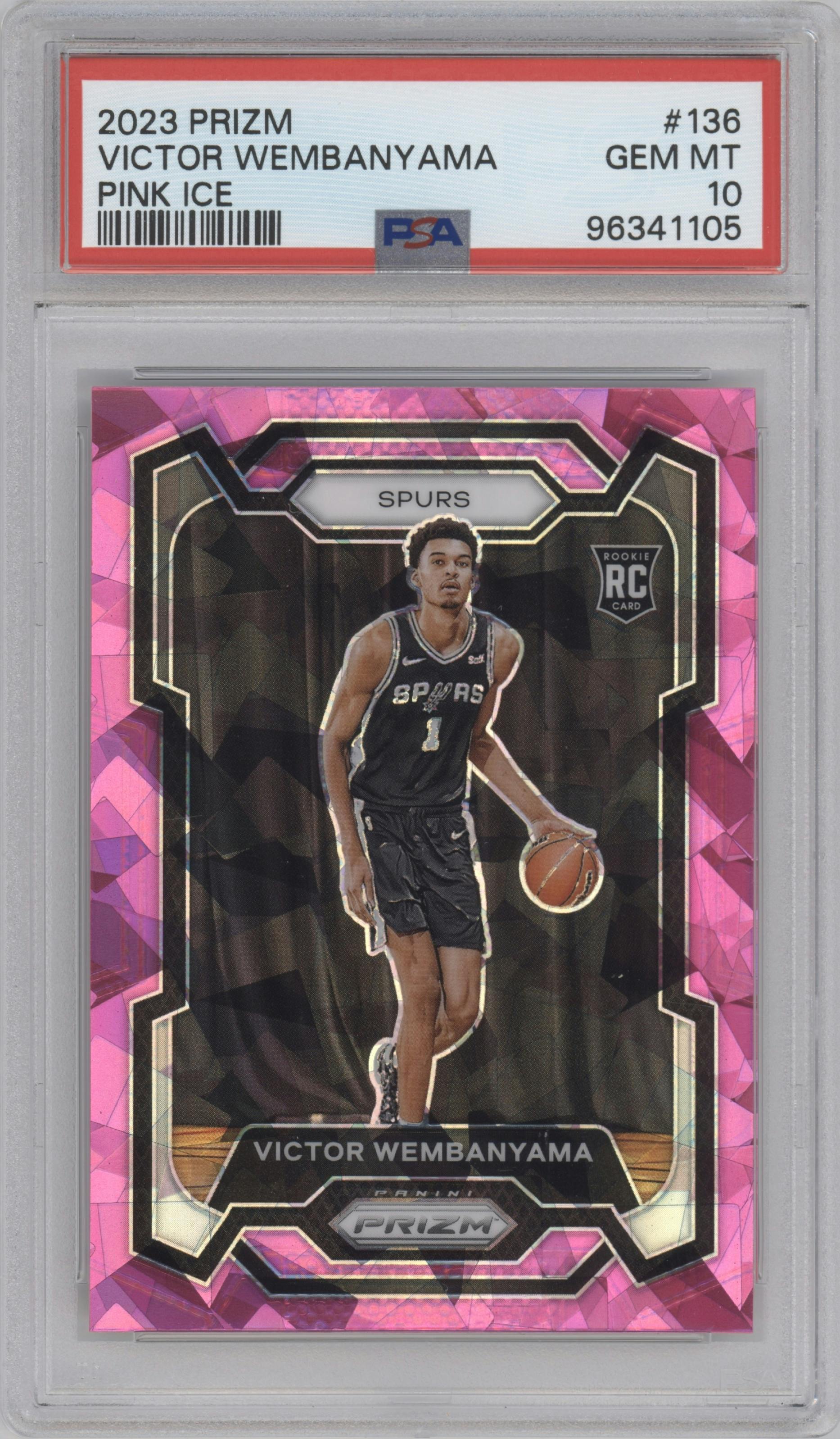 Victor Wembanyama from the 2023-24 Panini Prizm set featuring a Pink Ice parallel graded by PSA and given an overall grade of 10.
