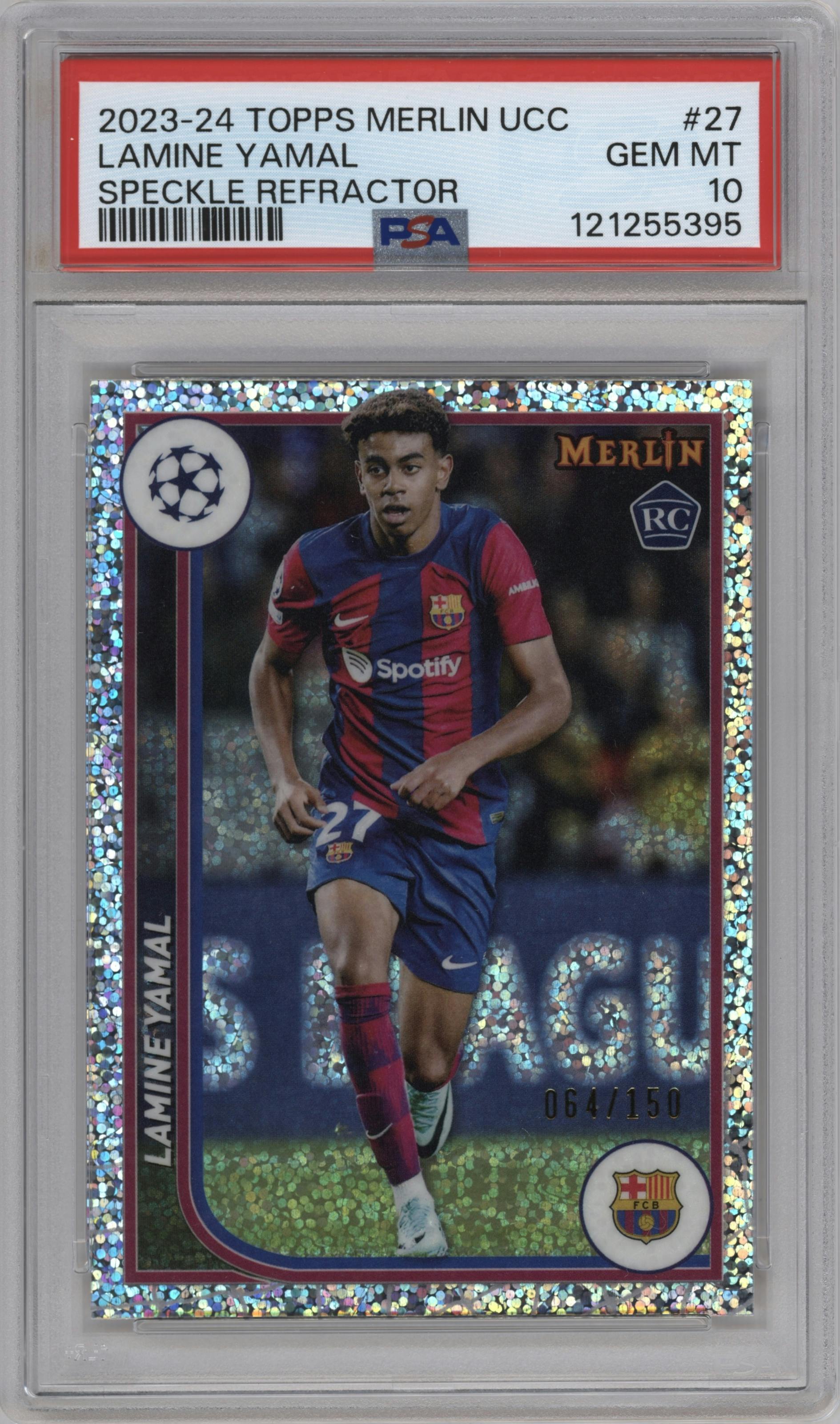 Lamine Yamal from the 2023-24 Topps Merlin UEFA Club Competitions set featuring a Speckle Refractor parallel graded by PSA and given an overall grade of 10.