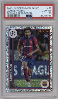 Lamine Yamal from the 2023-24 Topps Merlin UEFA Club Competitions set featuring a Speckle Refractor parallel graded by PSA and given an overall grade of 10.