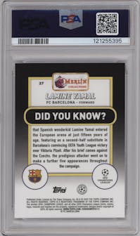 Lamine Yamal from the 2023-24 Topps Merlin UEFA Club Competitions set featuring a Speckle Refractor parallel graded by PSA and given an overall grade of 10.