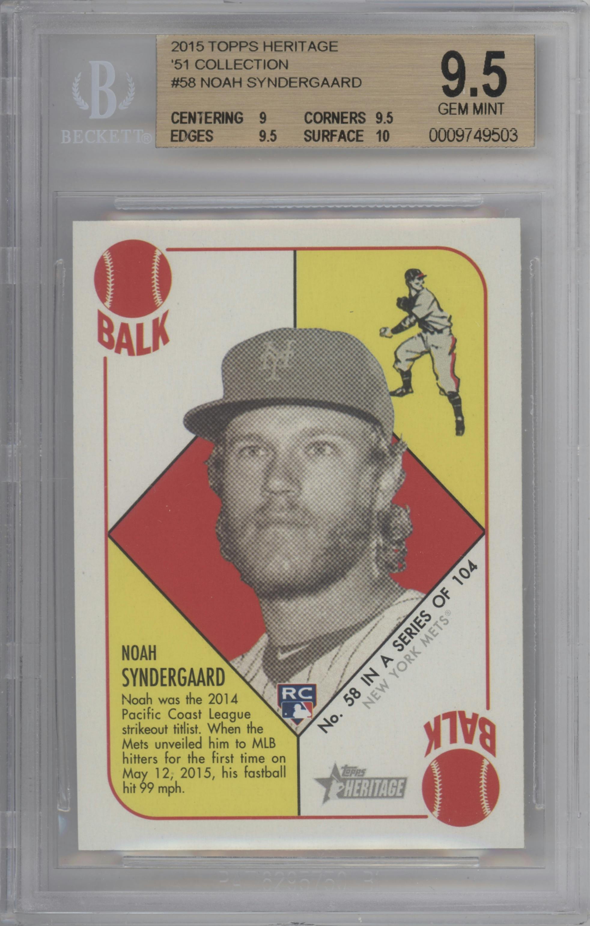 Noah Syndergaard from the 2015 Topps Heritage '51 set graded by Beckett and given an overall grade of 9.5.