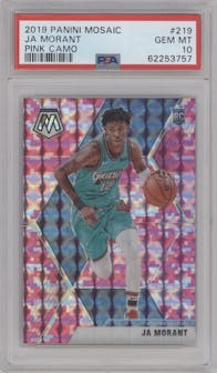 Ja Morant from the 2019-20 Panini Mosaic  set featuring a Pink Camo parallel graded by PSA and given an overall grade of 10.