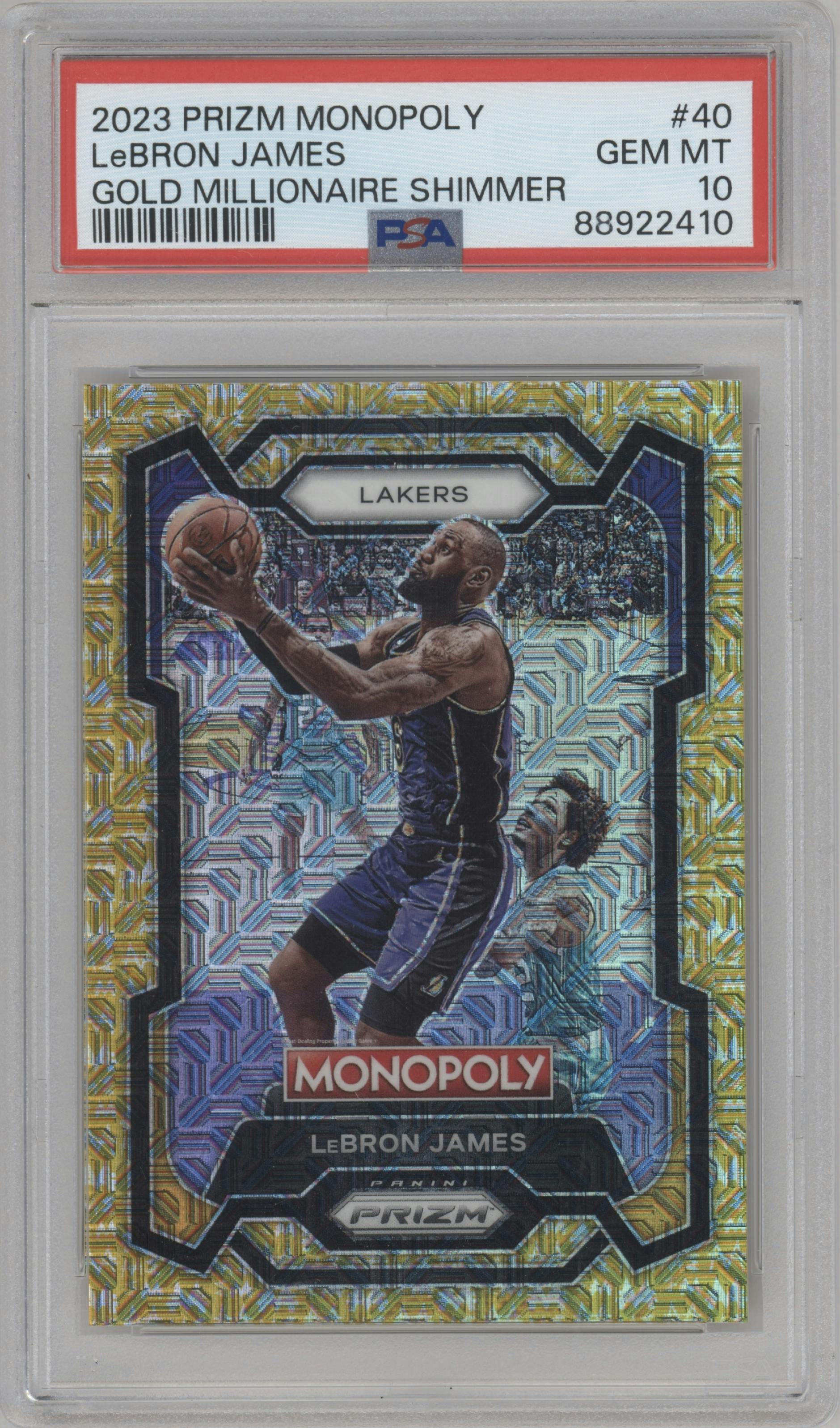 LeBron James from the 2023-24 Panini Prizm Monopoly set featuring a Gold Millionaire Shimmer  parallel graded by PSA and given an overall grade of 10.