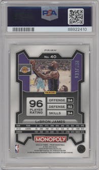 LeBron James from the 2023-24 Panini Prizm Monopoly set featuring a Gold Millionaire Shimmer  parallel graded by PSA and given an overall grade of 10.