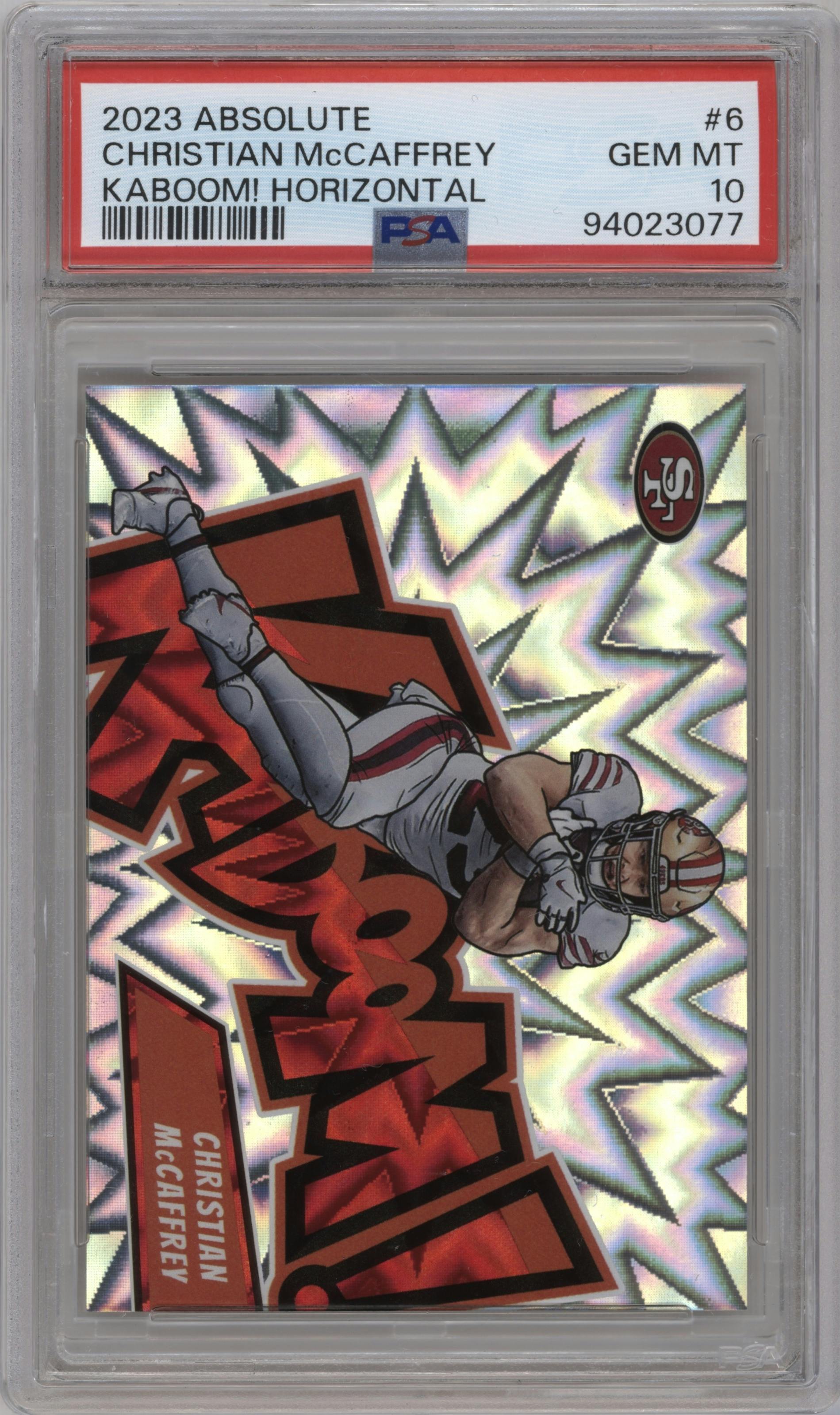 Christian McCaffrey from the 2023 Panini Absolute set graded by PSA and given an overall grade of 10.