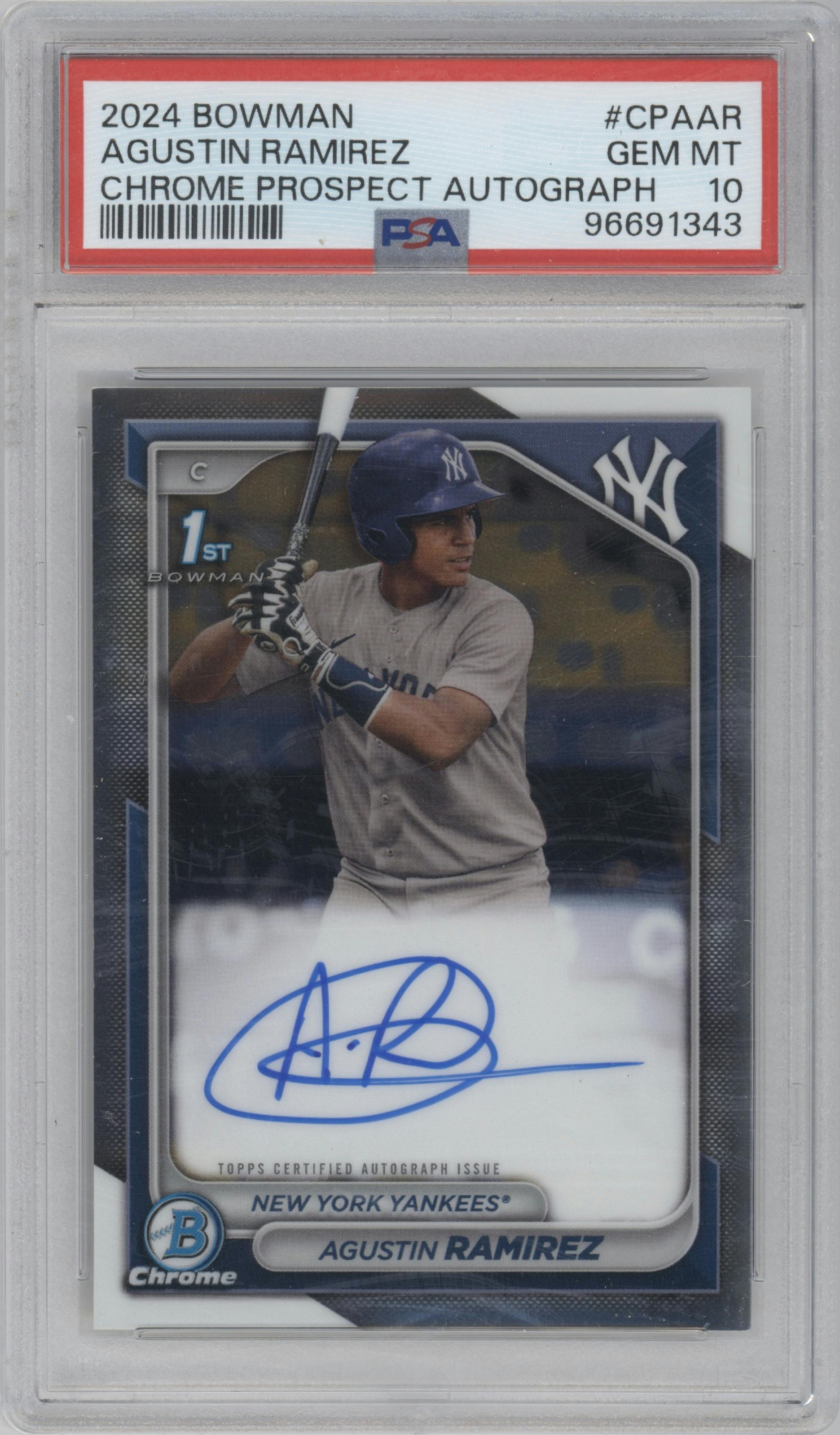 Agustin Ramirez from the 2024 Bowman set graded by PSA and given an overall grade of 10.
