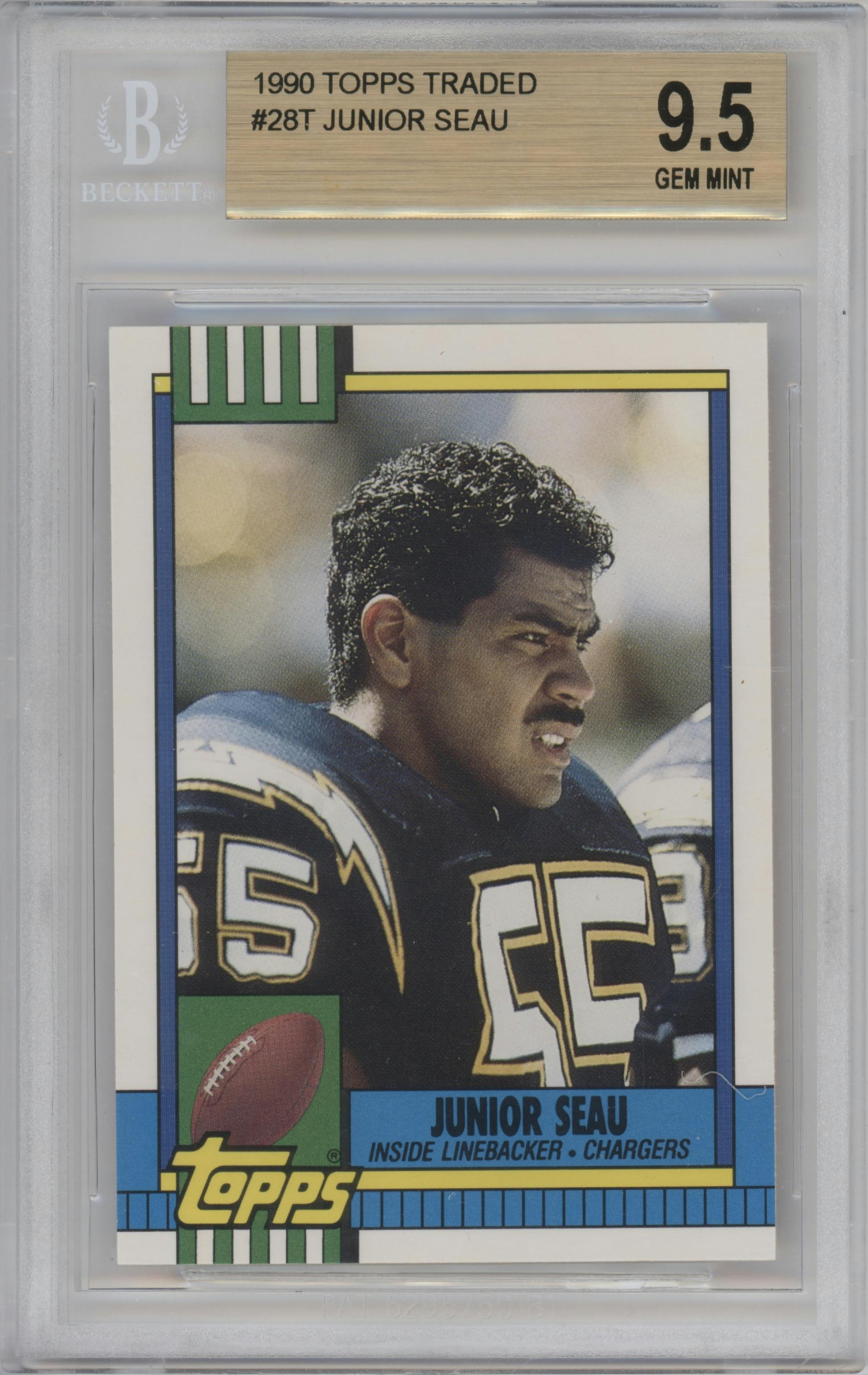 Junior Seau from the 1990 Topps Traded set graded by Beckett and given an overall grade of 9.5.