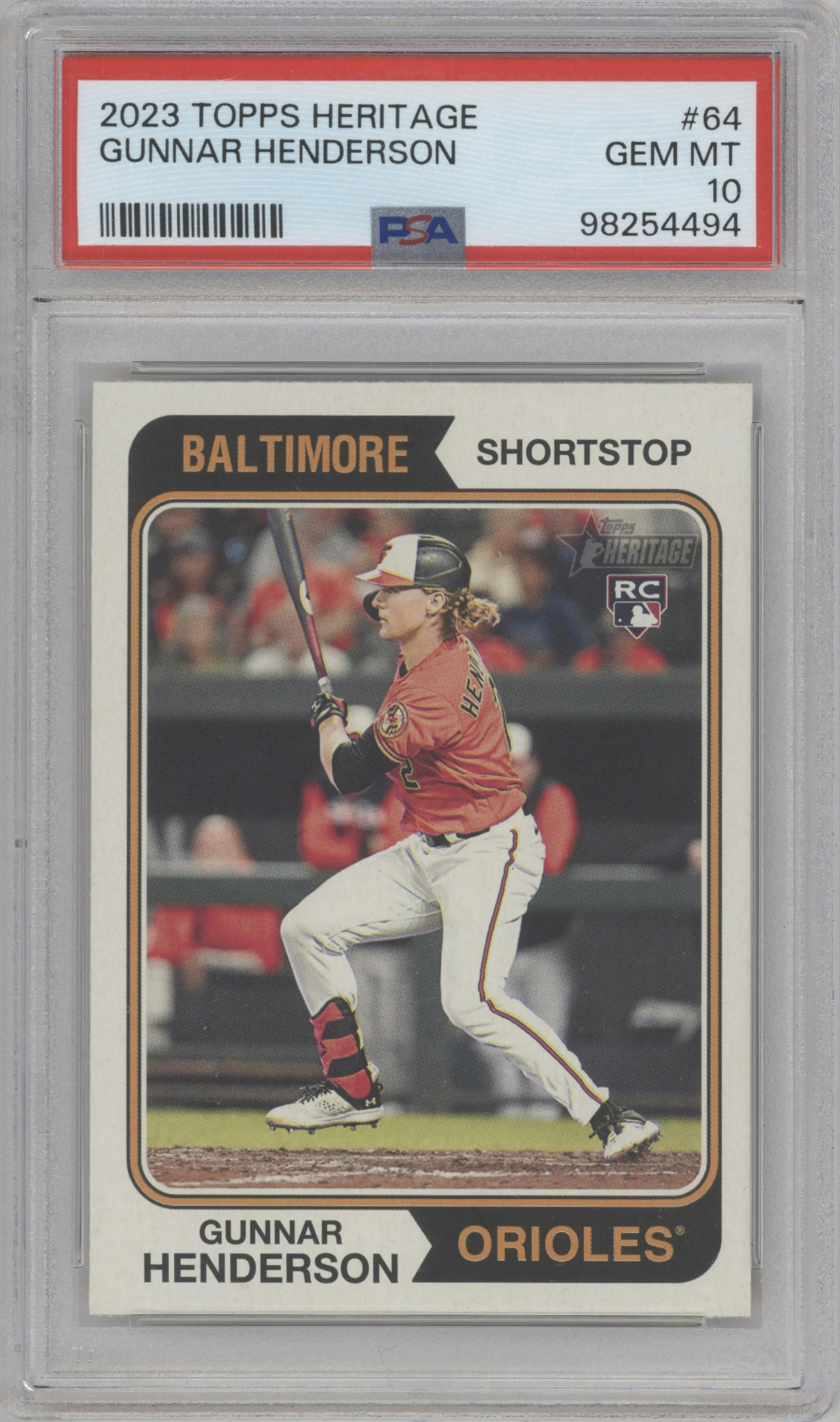 Gunnar Henderson from the 2023 Topps Heritage set graded by PSA and given an overall grade of 10.
