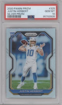 Justin Herbert from the 2020 Panini Prizm set featuring a Silver Prizm parallel graded by PSA and given an overall grade of 10.