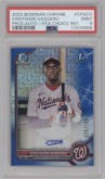 Cristhian Vaquero from the 2022 Bowman Chrome set featuring a HTA Choice parallel graded by PSA and given an overall grade of 9.