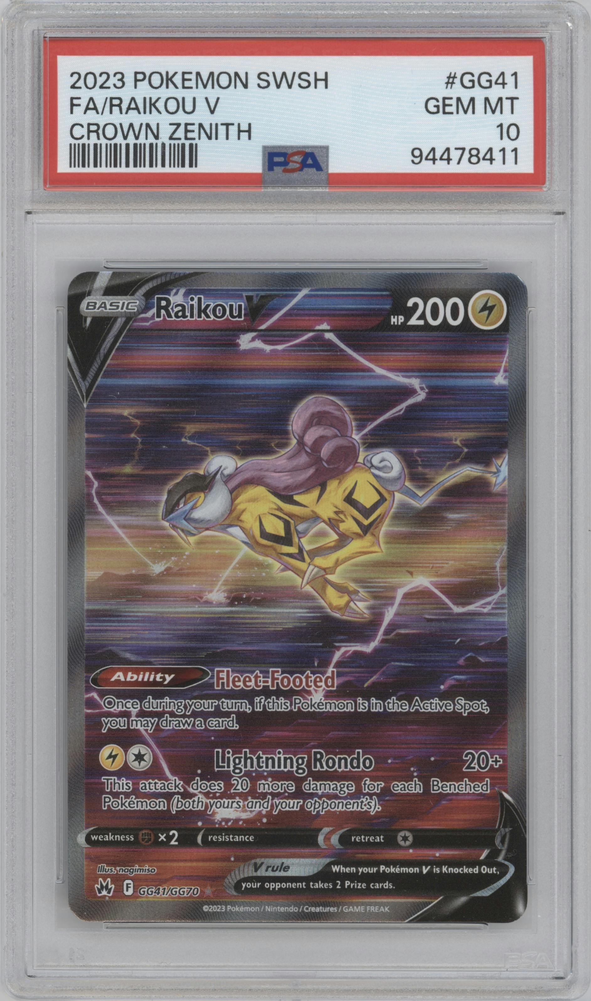 Raikou V from the 2023 Pokemon SWSH set graded by PSA and given an overall grade of 10.