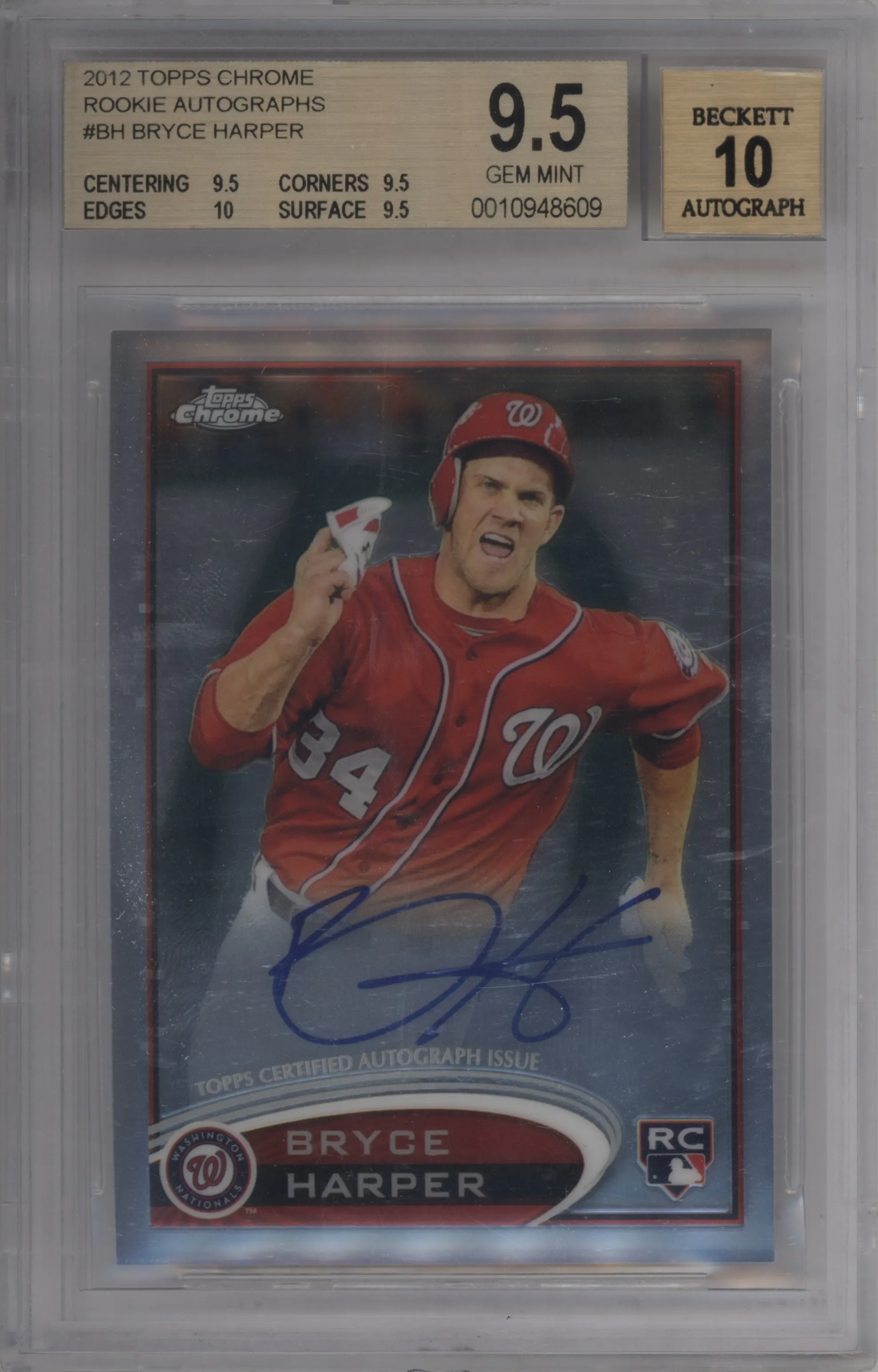 Bryce Harper from the 2012 Topps Chrome set graded by Beckett and given an overall grade of 9.5.