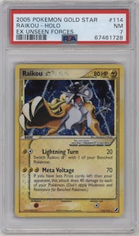 Raikou Gold Star from the 2005 Pokemon EX set graded by PSA and given an overall grade of 7.