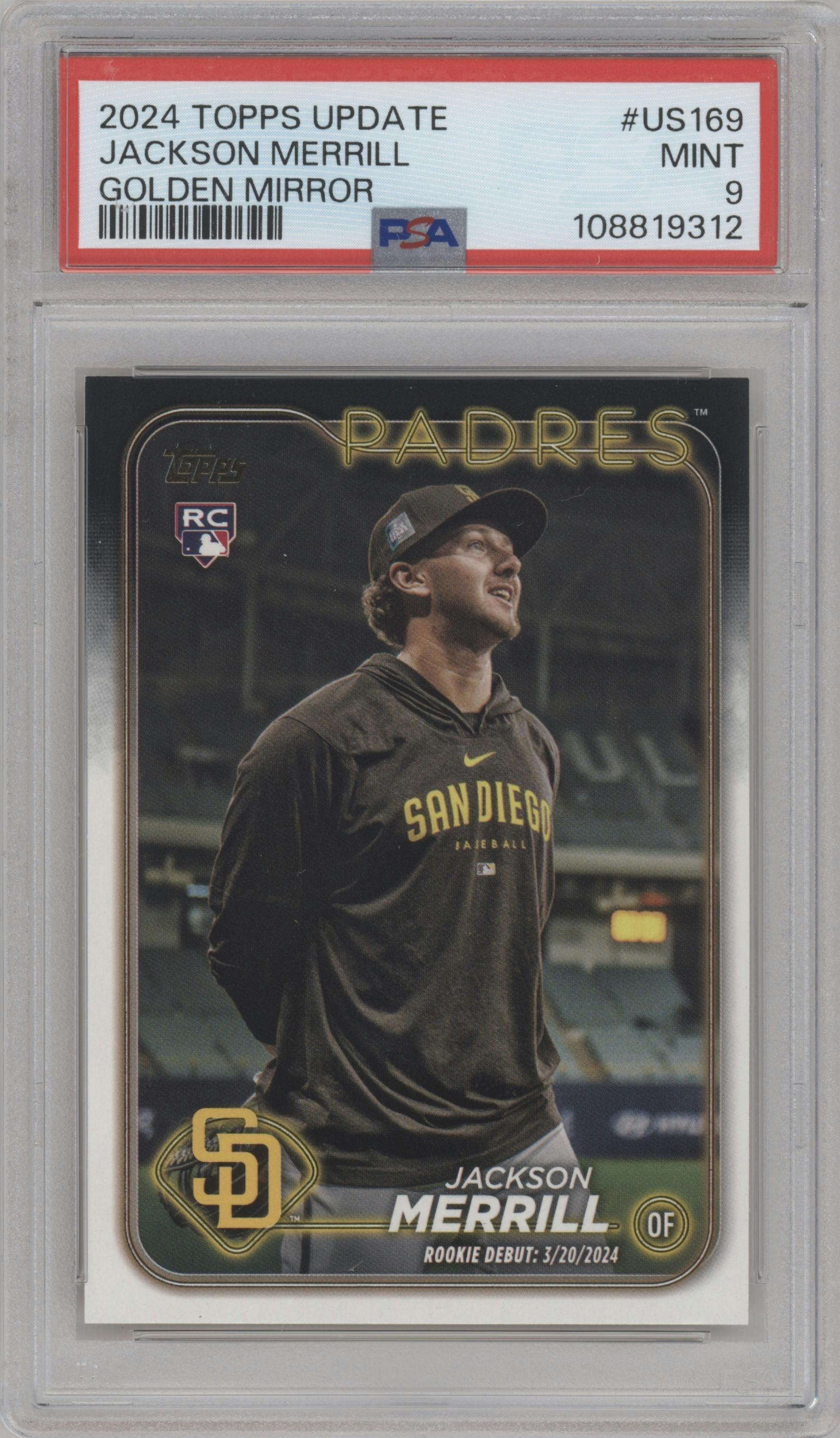 Jackson Merrill from the 2024 Topps Update set graded by PSA and given an overall grade of 9.