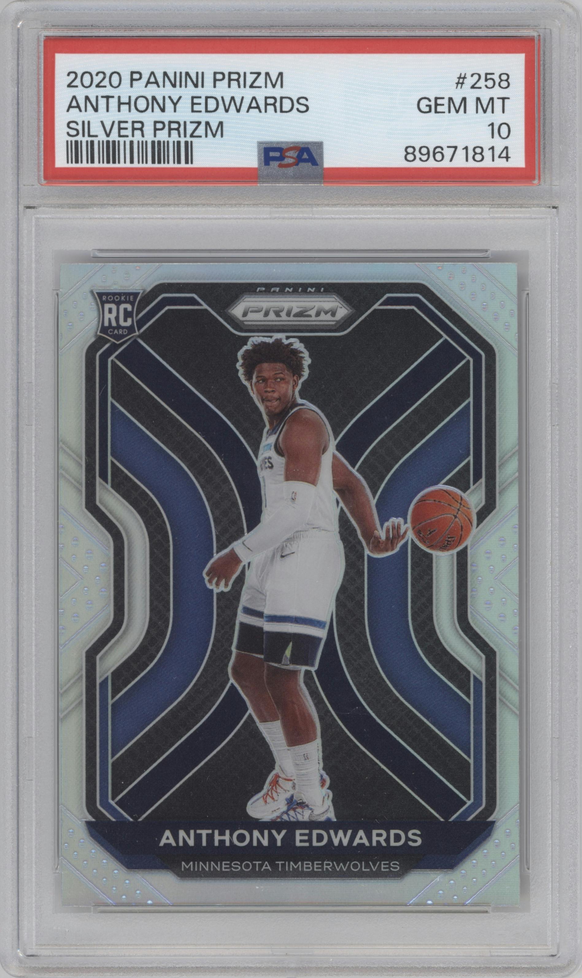 Anthony Edwards from the 2020-21 Panini Prizm set featuring a Silver Prizm parallel graded by PSA and given an overall grade of 10.