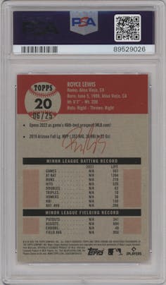 Royce Lewis from the 2022 Topps Chrome Platinum Anniversary set featuring a Orange Wave Refractor parallel graded by PSA and given an overall grade of 10.