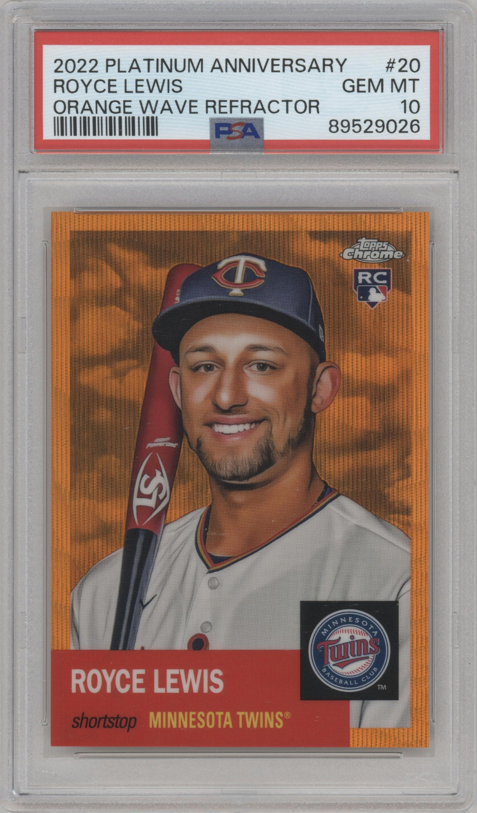 Royce Lewis from the 2022 Topps Chrome Platinum Anniversary set featuring a Orange Wave Refractor parallel graded by PSA and given an overall grade of 10.