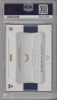 Lance Alworth from the 2018 Panini National Treasures set featuring a Laundry Tag parallel graded by PSA and given an overall grade of 9.