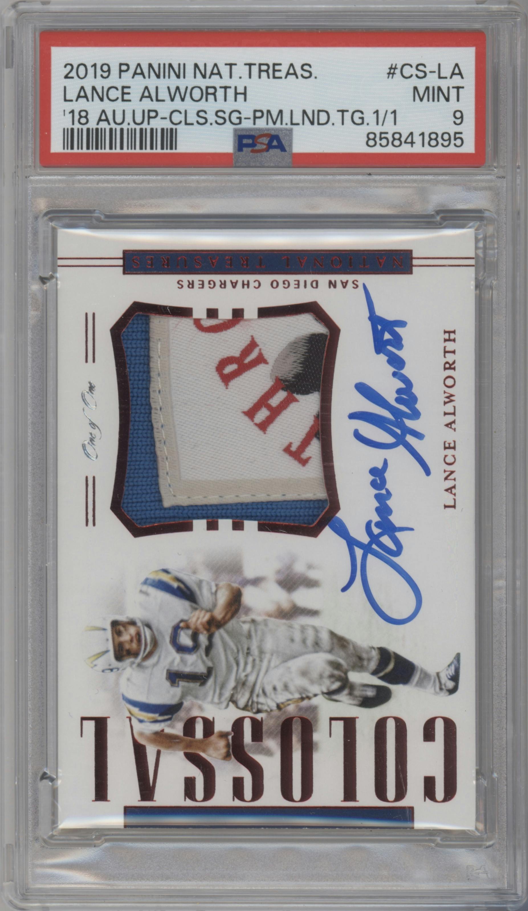 Lance Alworth from the 2018 Panini National Treasures set featuring a Laundry Tag parallel graded by PSA and given an overall grade of 9.