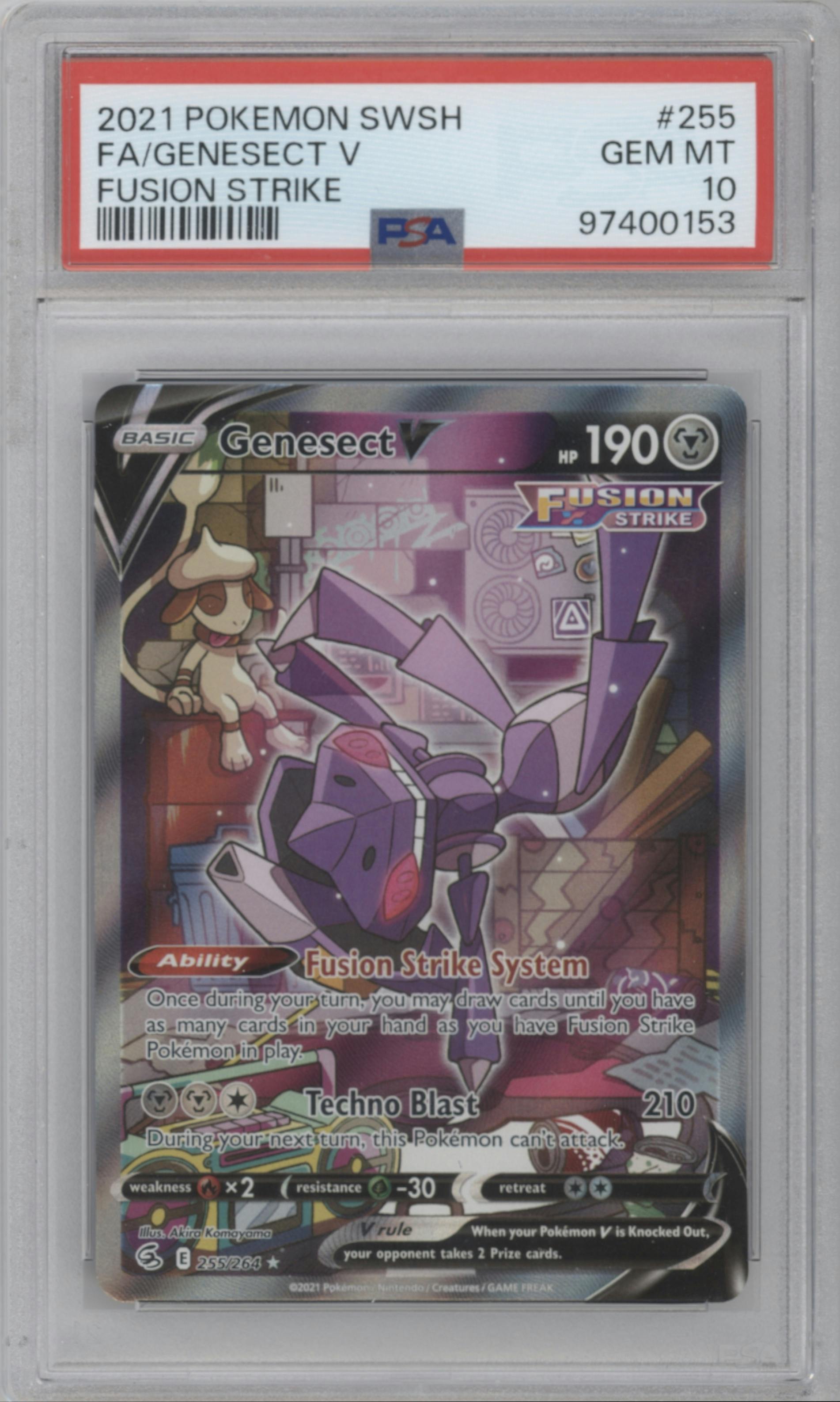 Genesect V from the 2021 Pokemon SWSH set graded by PSA and given an overall grade of 10.