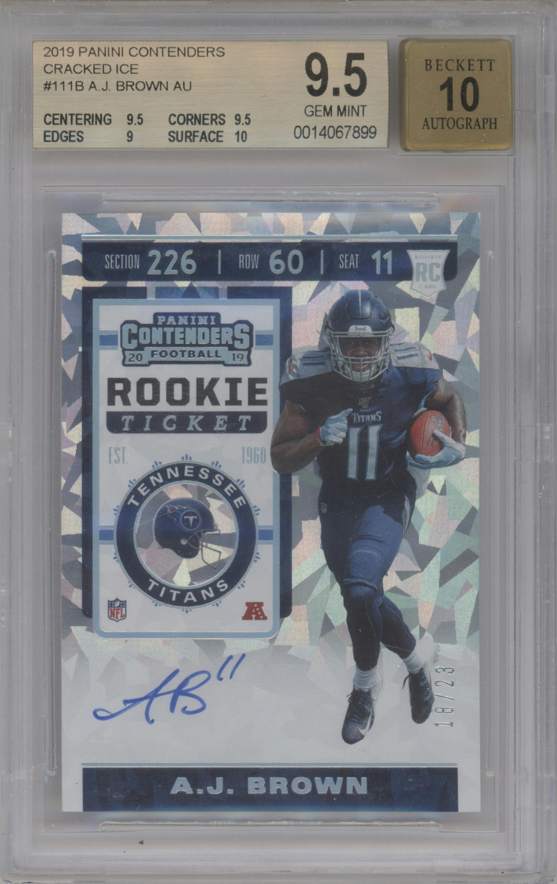 A.J. Brown from the 2019 Panini Contenders set featuring a Cracked Ice parallel graded by Beckett and given an overall grade of 9.5.