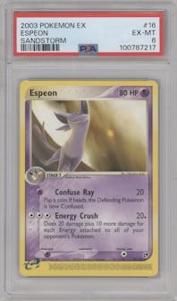 Espeon from the 2003 Pokemon EX set graded by PSA and given an overall grade of 6.
