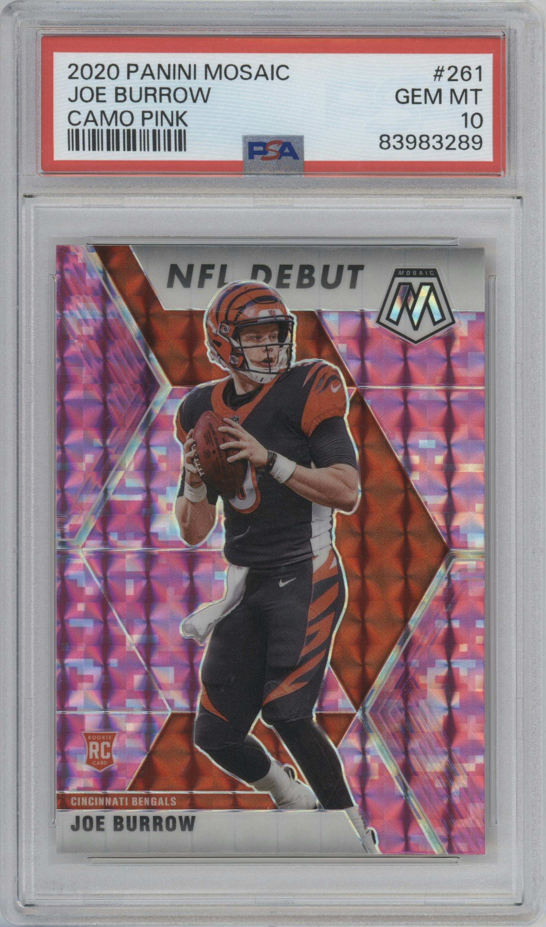 Joe Burrow from the 2020 Panini Mosaic set featuring a Pink Camo parallel graded by PSA and given an overall grade of 10.