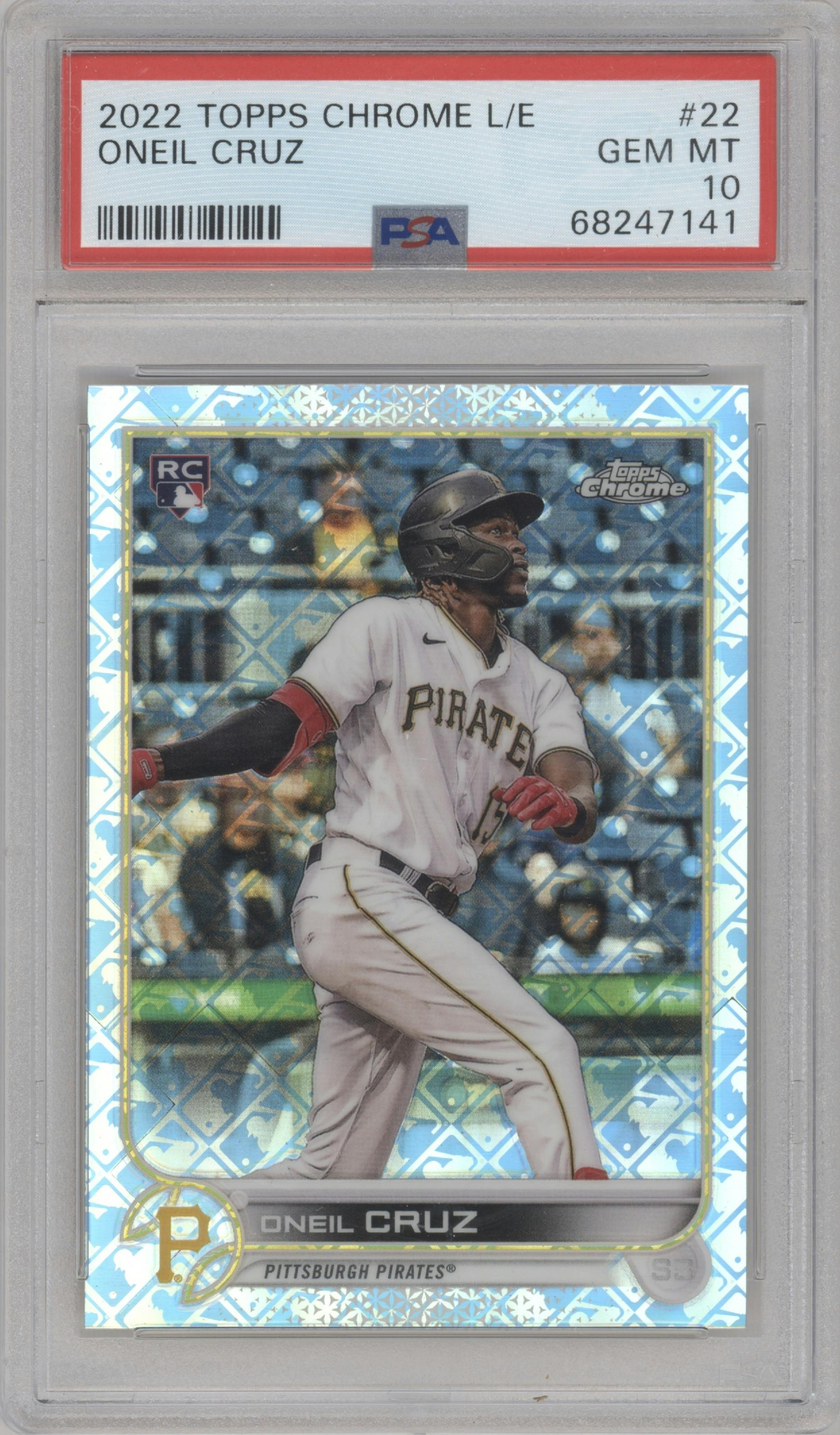 Oneil Cruz from the 2022 Topps Chrome Logofractor set graded by PSA and given an overall grade of 10.
