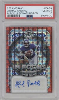 Ahmad Rashad from the 2023 Panini Mosaic set featuring a Red parallel graded by PSA and given an overall grade of 10.