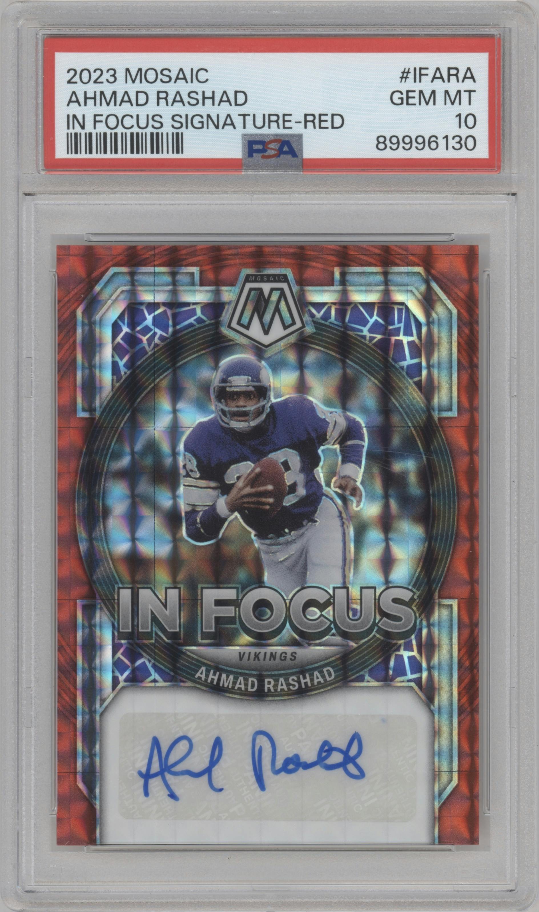 Ahmad Rashad from the 2023 Panini Mosaic set featuring a Red parallel graded by PSA and given an overall grade of 10.