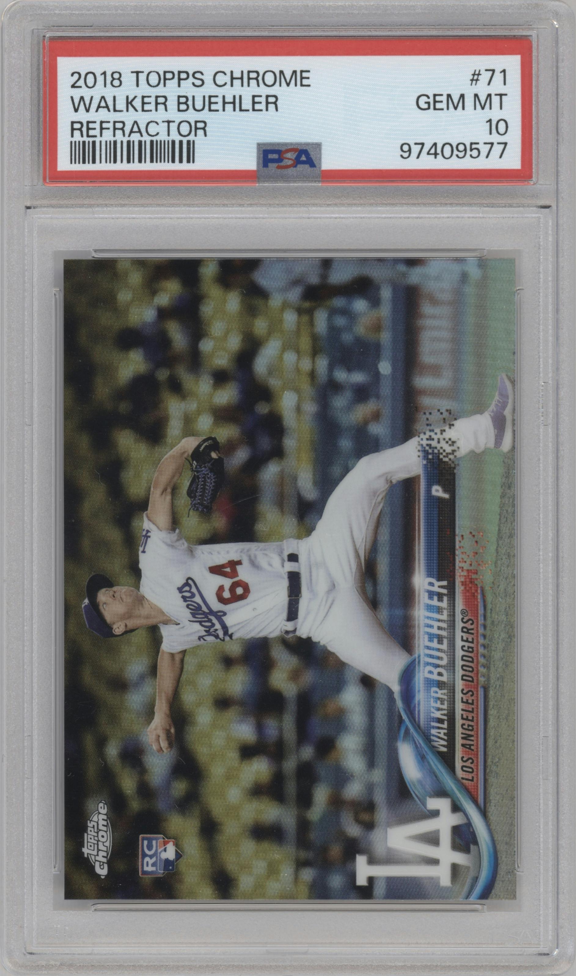 Walker Buehler from the 2018 Topps Chrome set featuring a Refractor   parallel graded by PSA and given an overall grade of 10.