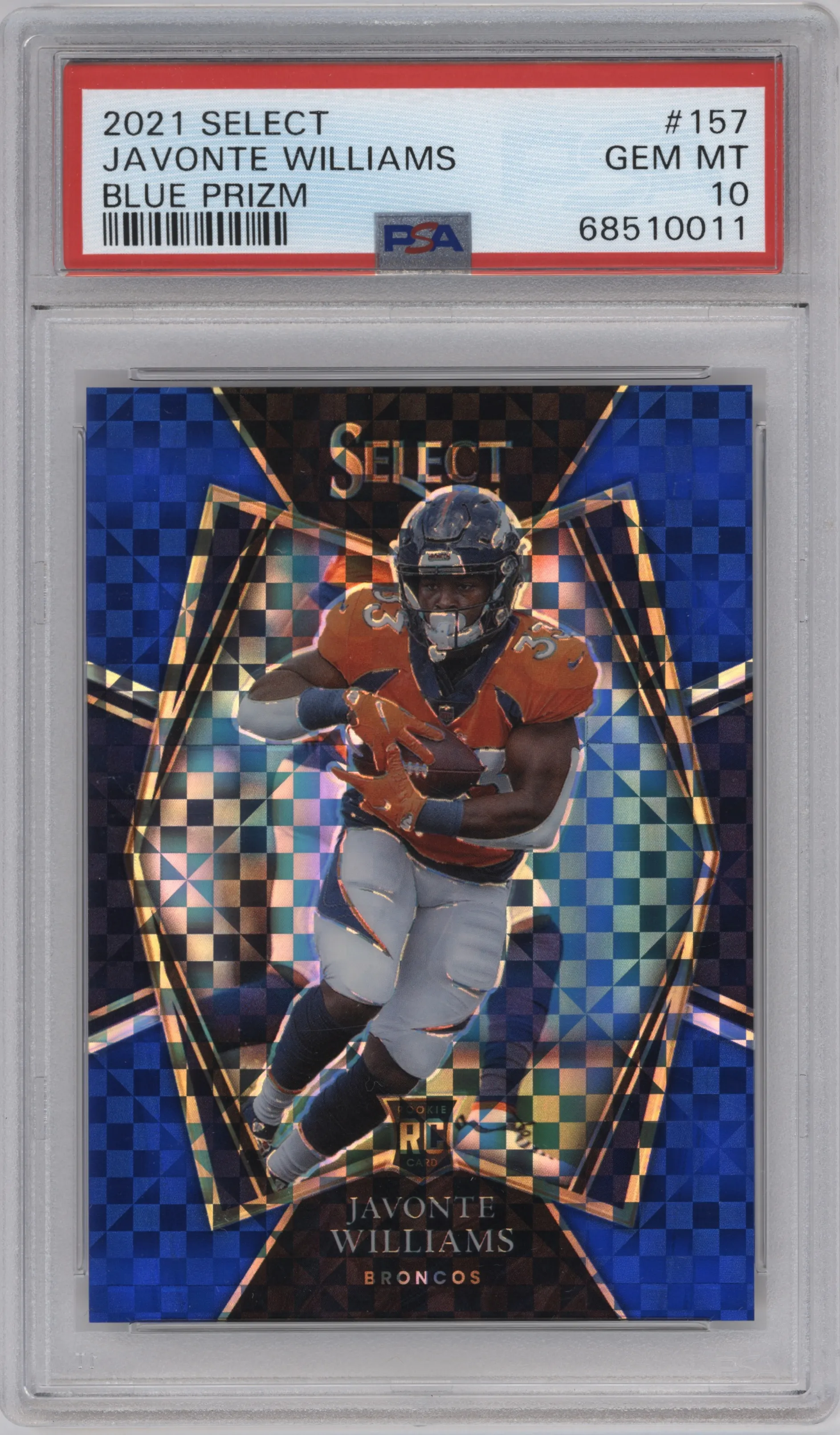 2021 Panini Select Pre.Lvl. Javonte Williams Blue Prizm #157 PSA 10