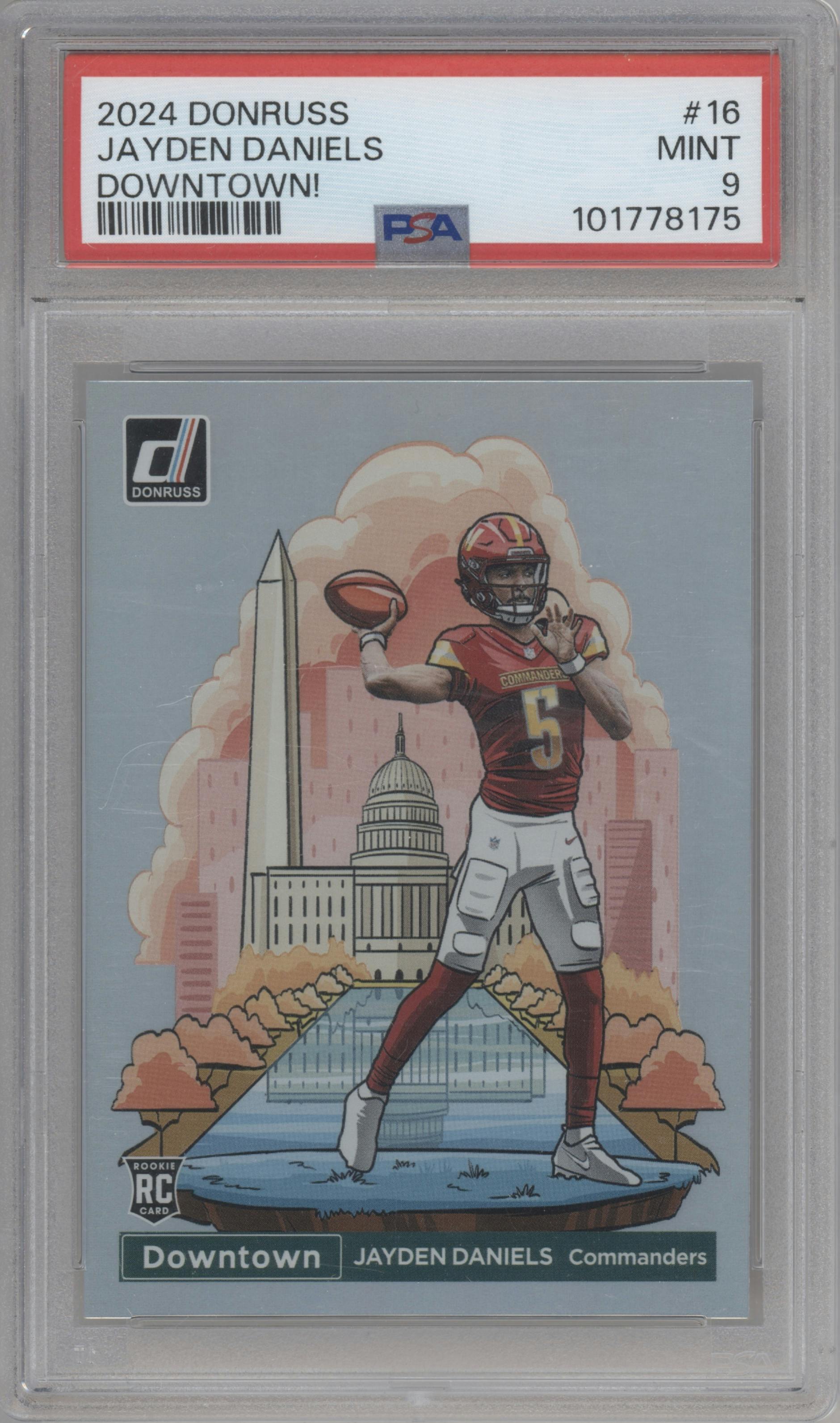 Jayden Daniels from the 2024 Donruss set graded by PSA and given an overall grade of 9.