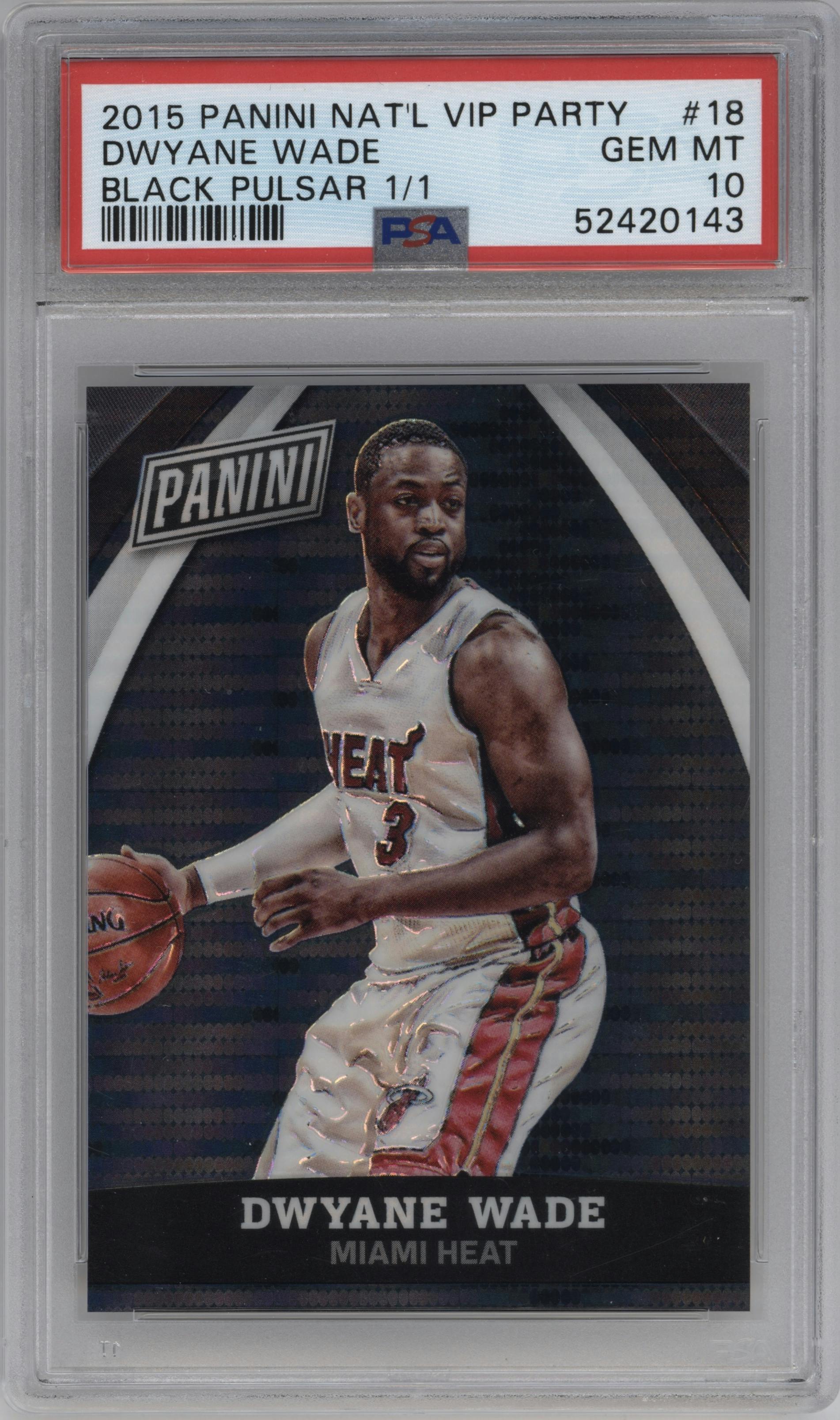Dwyane Wade from the 2015 Panini The National set featuring a Black Pulsar parallel graded by PSA and given an overall grade of 10.