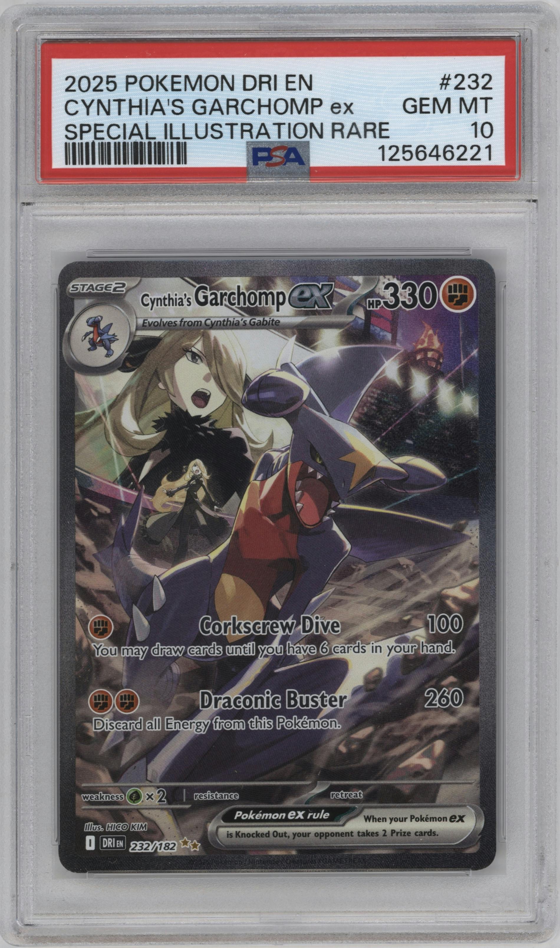 Cynthia's Garchomp ex from the 2025 Pokemon SV set graded by PSA and given an overall grade of 10.