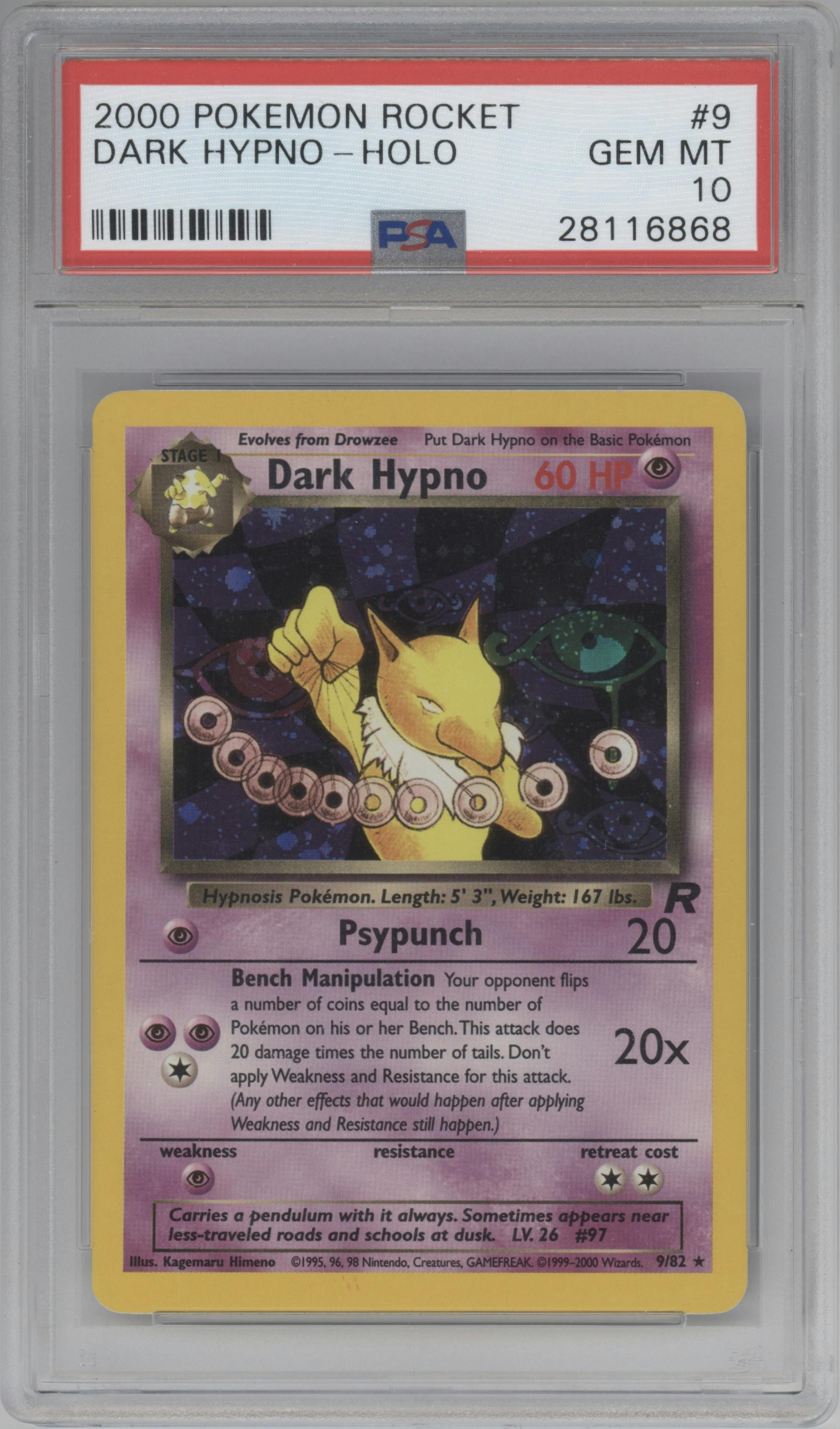 Dark Hypno from the 2000 Pokemon set graded by PSA and given an overall grade of 10.